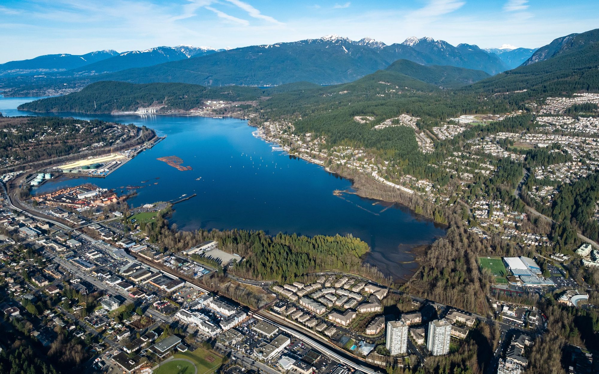 Aerial view of Port Moody and Burrard Inlet